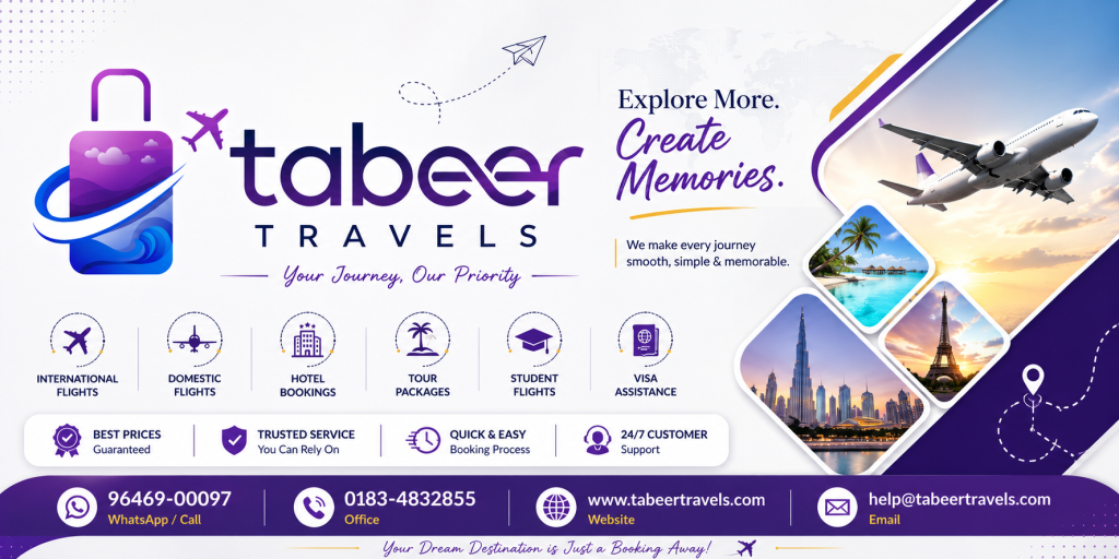 Tabeer Travels is a trusted travel agency in Amritsar offering international and domestic flight bookings, hotel reservations, holiday packages, student travel, and visa assistance.